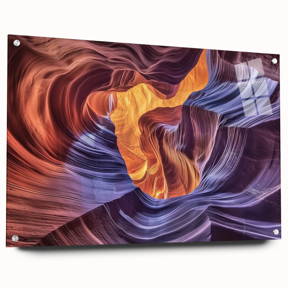 Acrylic wall art showcasing a stunning landscape of canyons, displayed in a sleek glass frame with decorative pins, ideal for modern home decor and nature lovers.