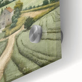 Close-up of a vibrant landscape wall art piece showcasing a serene countryside scene with lush greenery and a clear blue sky, presented on acrylic glass for a modern finish.