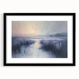 Black-framed landscape artwork showcasing a serene countryside scene, featuring lush green fields and a vibrant blue sky, ideal for home decor.