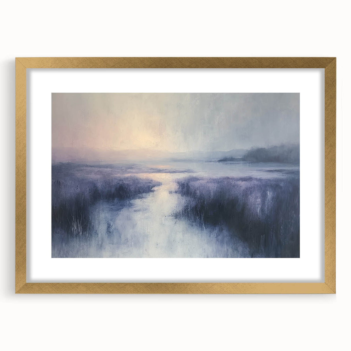 Elegant gold-framed landscape artwork showcasing a serene countryside scene with lush green fields and a vibrant sky, perfect for home decor enhancement.