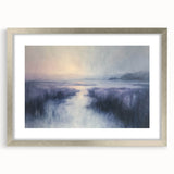 Silver-framed landscape artwork showcasing a serene countryside scene, elegantly matted for display. Ideal for home decor or office enhancement, adding a touch of nature.