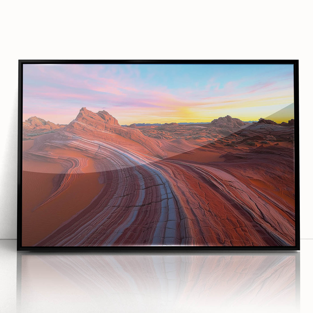 Framed acrylic artwork showcasing a vibrant desert landscape with warm tones of orange and yellow, set in a sleek black frame, ideal for modern home decor.