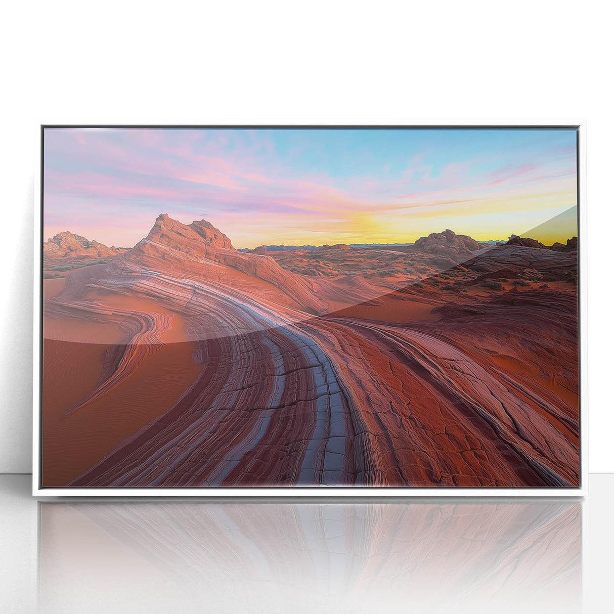 Framed acrylic landscape artwork depicting a serene desert scene in warm tones, featuring subtle textures and a sleek white frame, perfect for home decor.