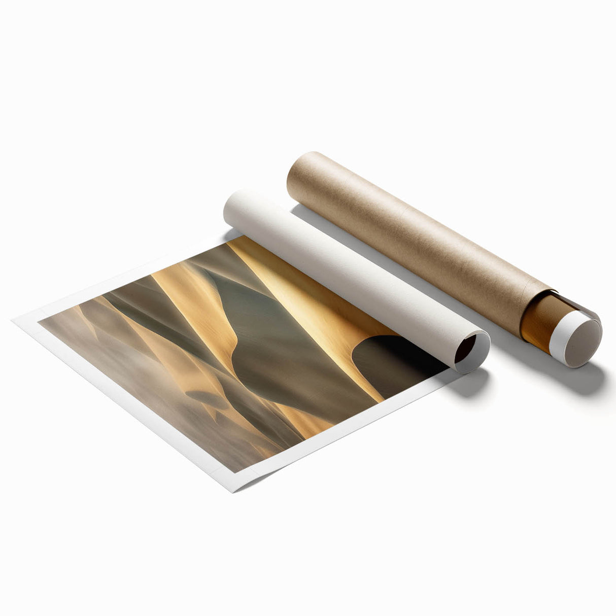 Desert landscape rolled canvas print showcasing vibrant golden dunes under a bright blue sky, elegantly packaged in a protective cardboard tube for safe delivery.
