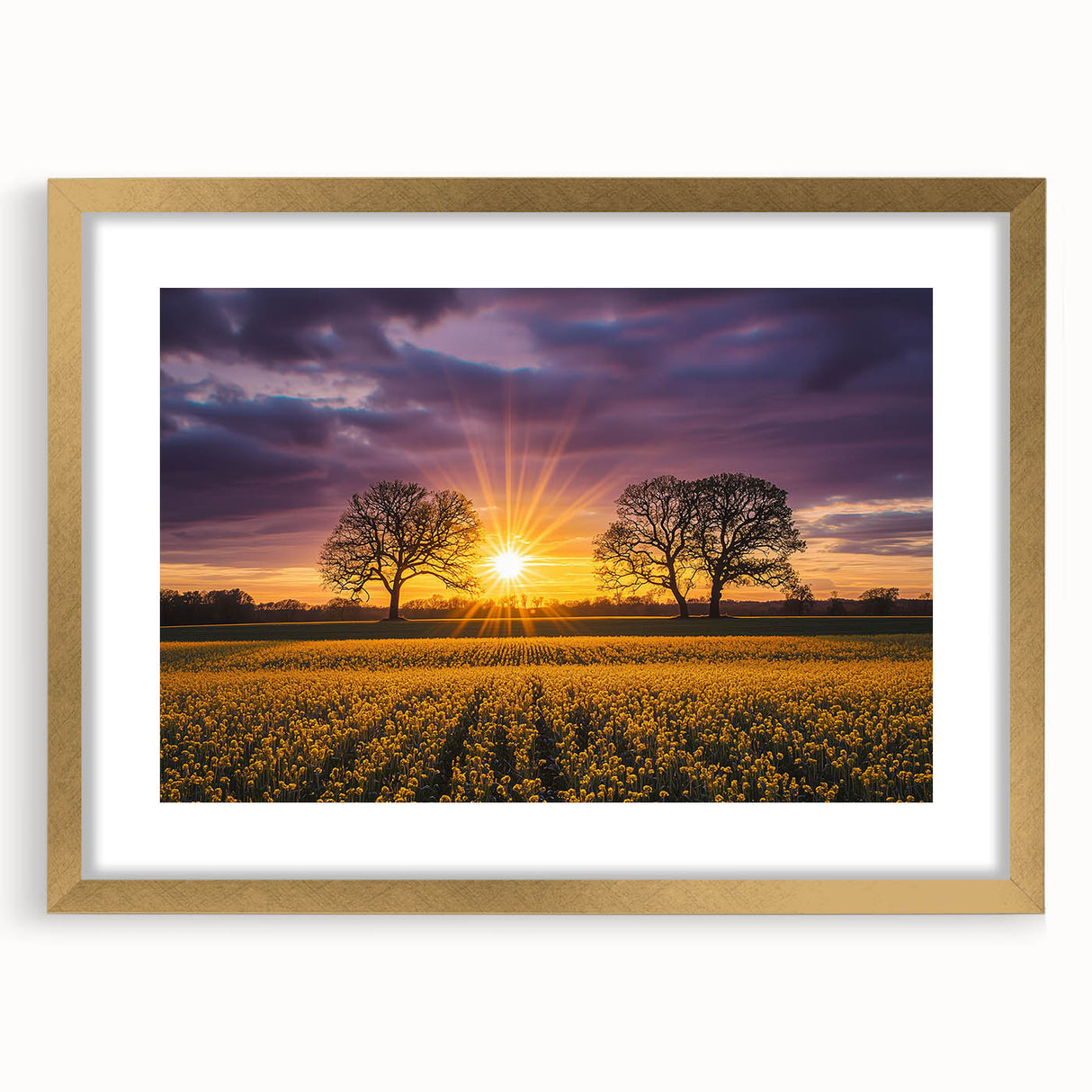 Elegant gold-framed landscape print showcasing vibrant green fields under a clear blue sky, perfect for adding a touch of nature-inspired decor to any room.