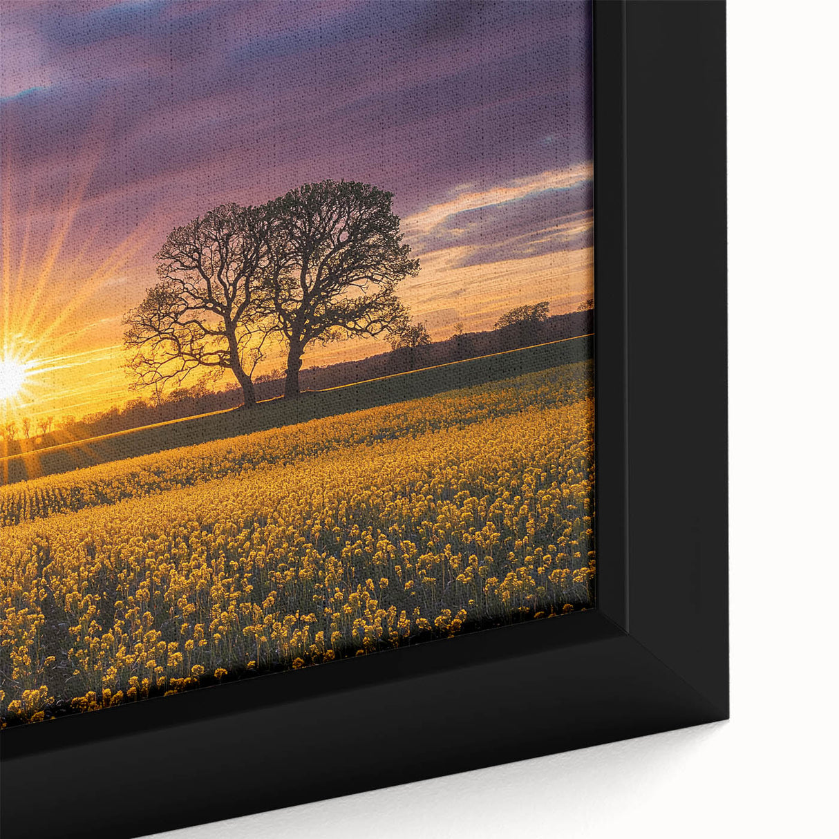 Close-up of a framed canvas artwork showcasing vibrant green fields under a bright blue sky, emphasizing the rich texture and color contrast in the landscape design.