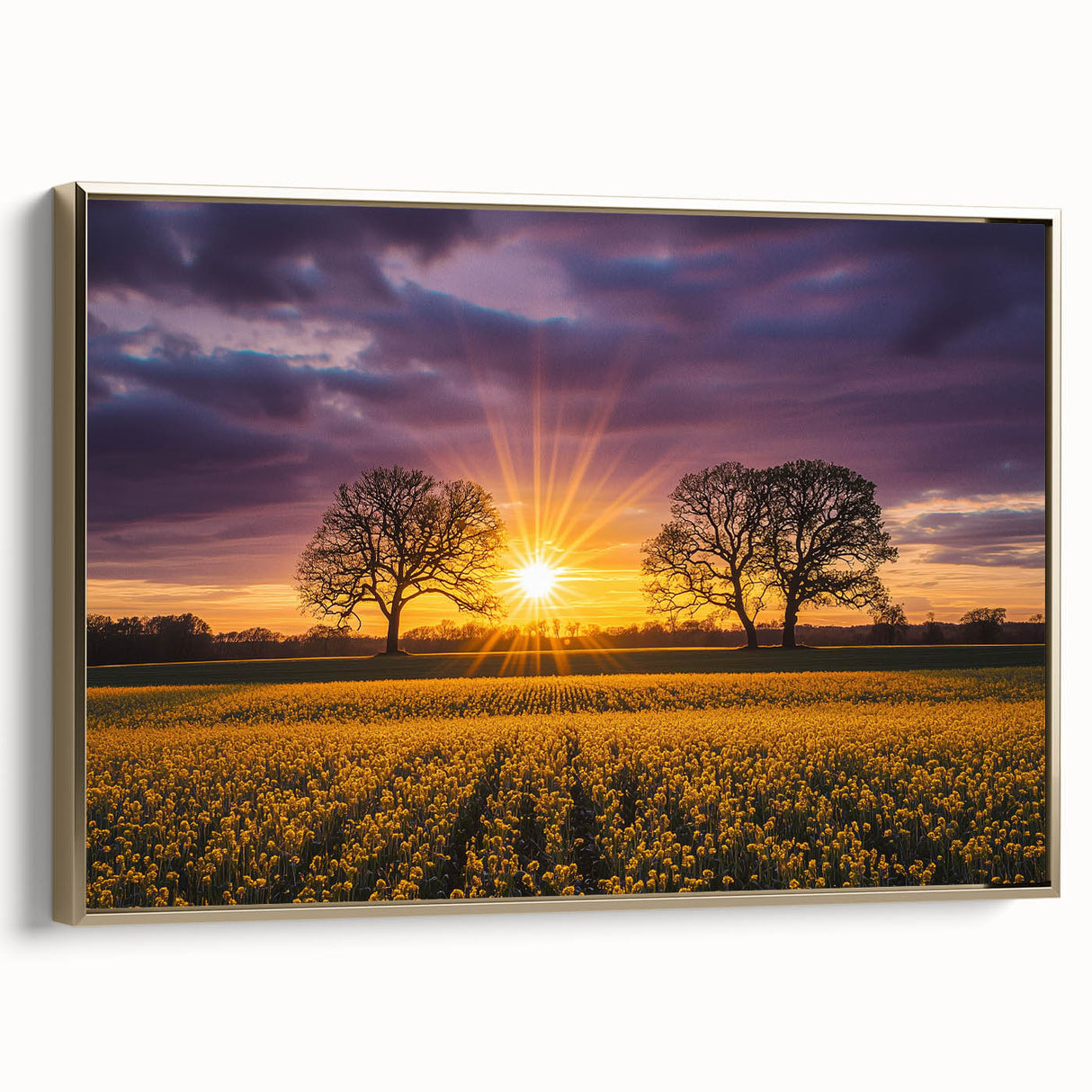 Framed canvas artwork showcasing a serene landscape of golden fields under a vibrant blue sky, designed to enhance modern home decor with its elegant side view.