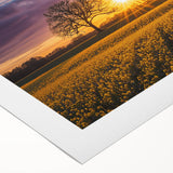 Vibrant rolled canvas print showcasing a serene landscape with lush green fields and a blue sky, elegantly packaged in a protective cardboard tube for delivery.