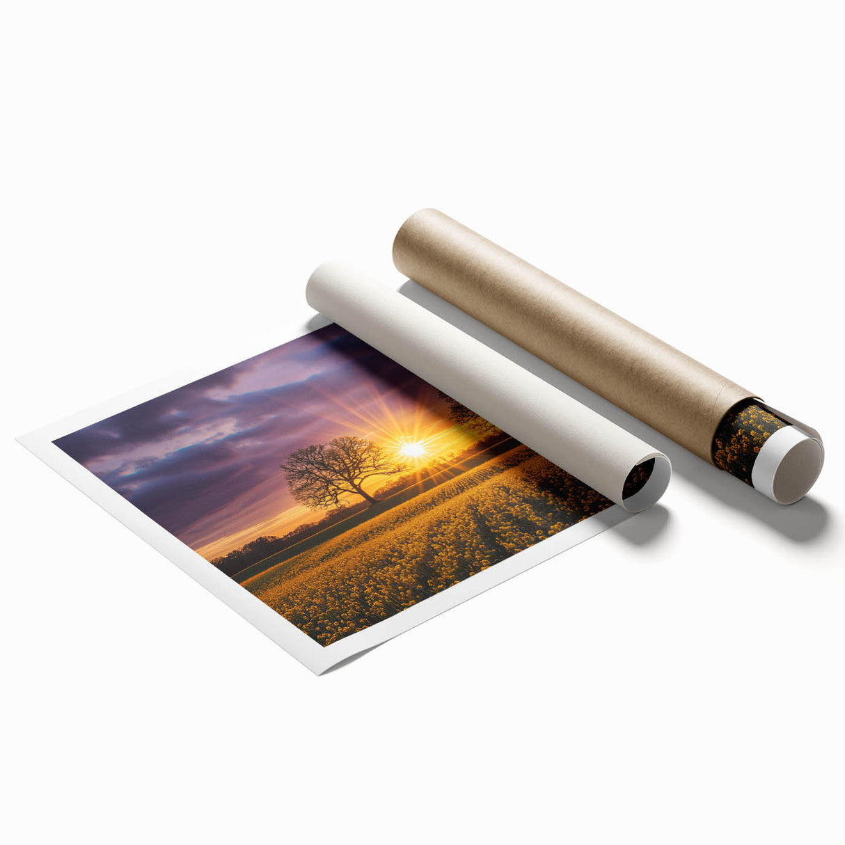 Stunning rolled canvas print showcasing vibrant green and golden fields under a clear blue sky, perfect for adding a touch of nature to any home decor.