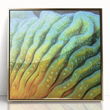 Large art print of close-up floral imagery in vibrant colors on a gold-framed acrylic, suitable for modern nursery wall art.