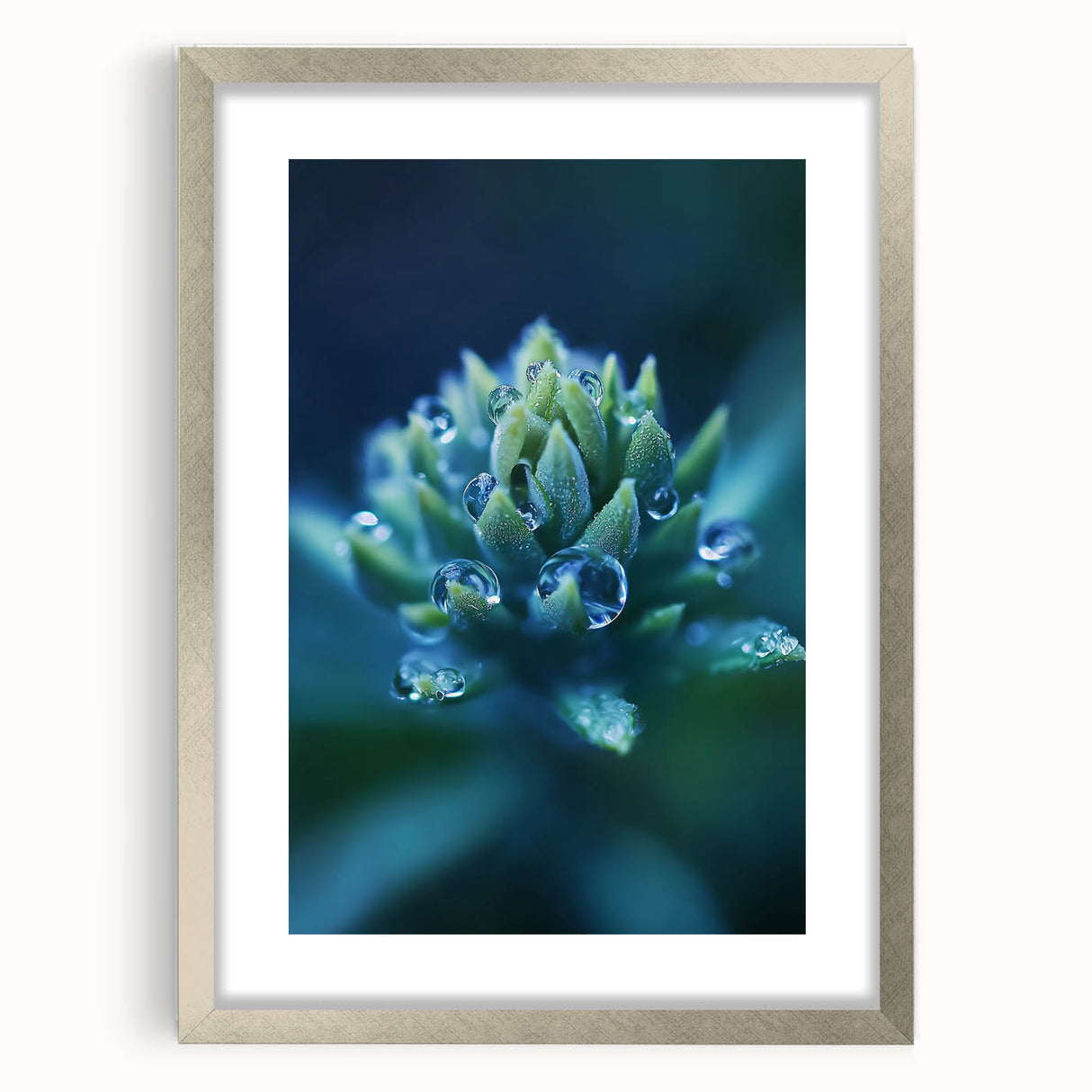 Textured art depicting abstract ripples in muted blue and gray tones, framed in silver, ideal for bedroom decor.
