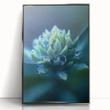 Mid-century modernist art depicting close-up water droplets, in muted blue and silver hues on a framed acrylic print.