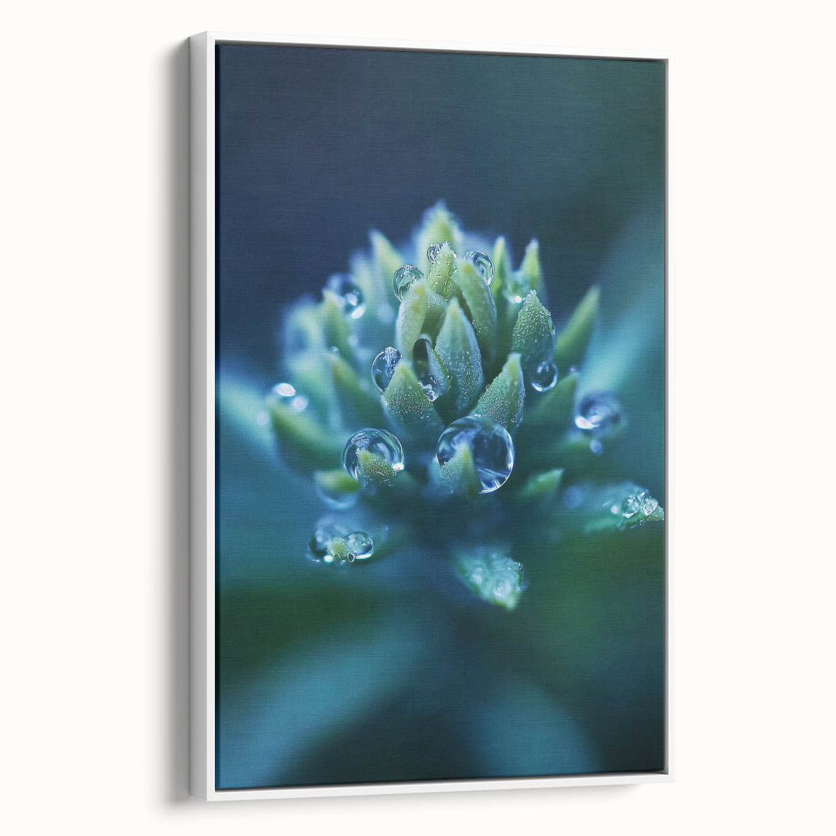 Vintage poster art of a close-up water scene in vibrant colors on a framed canvas, ideal for living room decor.