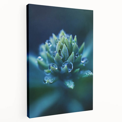 Close-up water droplet image on a stretched canvas, showcasing cool blue tones, ideal for kitchen wall art.