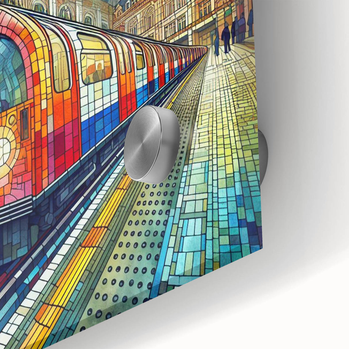 Large abstract depiction of London scenery in muted earth tones on acrylic glass, ideal for dining room art.