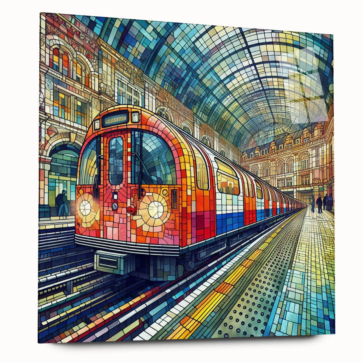 Large abstract depiction of London's skyline in muted grays and blues on acrylic glass.