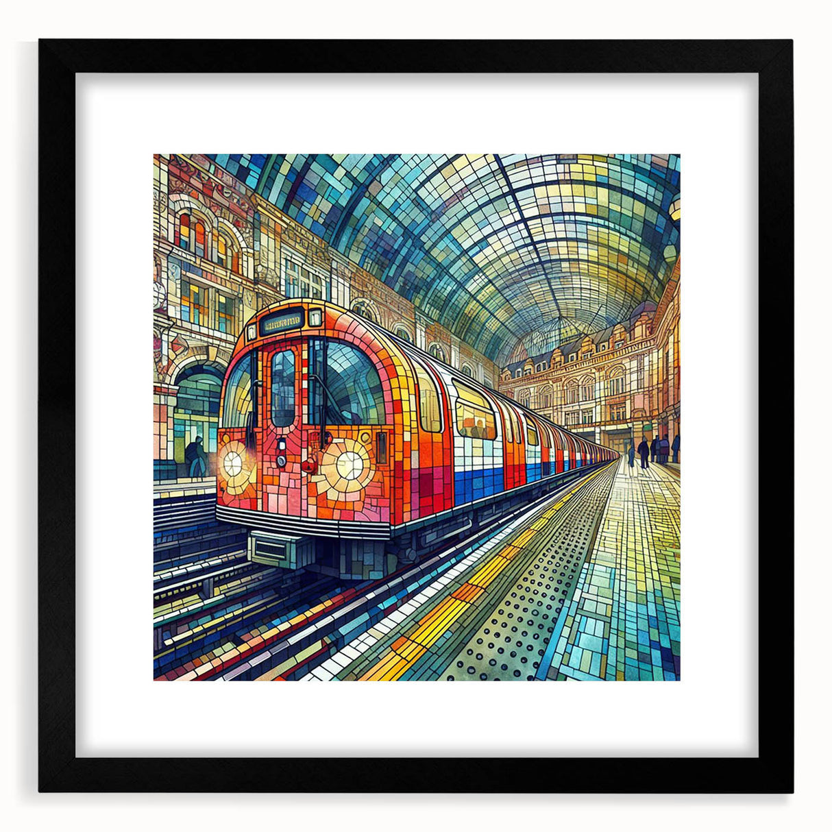 Extra large textured abstract art print featuring colorful London scenery on a framed black mat, ideal for living room decor.