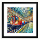 Extra large textured abstract art print featuring colorful London scenery on a framed black mat, ideal for living room decor.