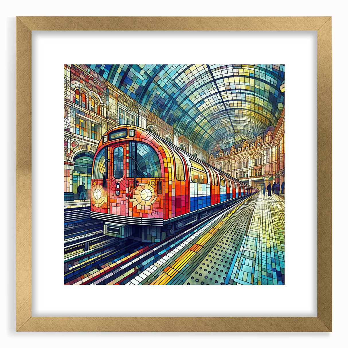 Abstract art print of London scenery in muted gray and gold tones on a framed canvas, suitable for dining room decor.