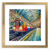 Abstract art print of London scenery in muted gray and gold tones on a framed canvas, suitable for dining room decor.