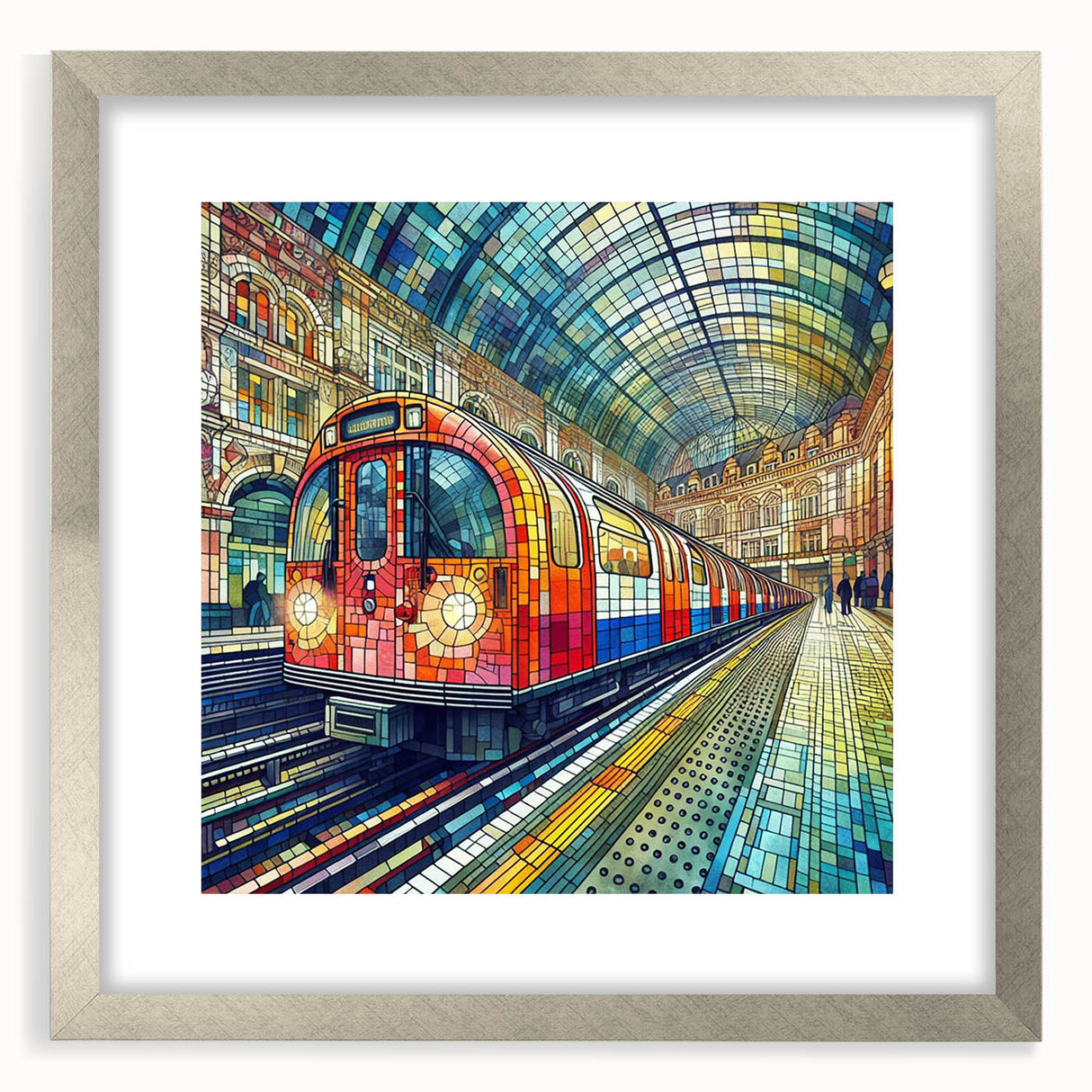 Extra large abstract art print of London scenery in muted earth tones on a framed canvas, ideal for living room decor.