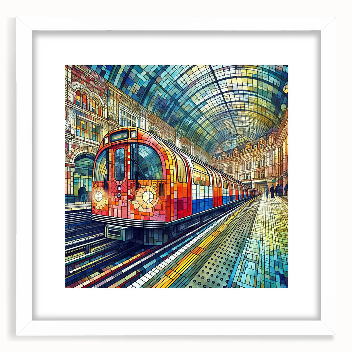 Textured art print of an abstract London skyline in muted gray and blue tones, framed with a white mat.