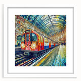 Textured art print of an abstract London skyline in muted gray and blue tones, framed with a white mat.