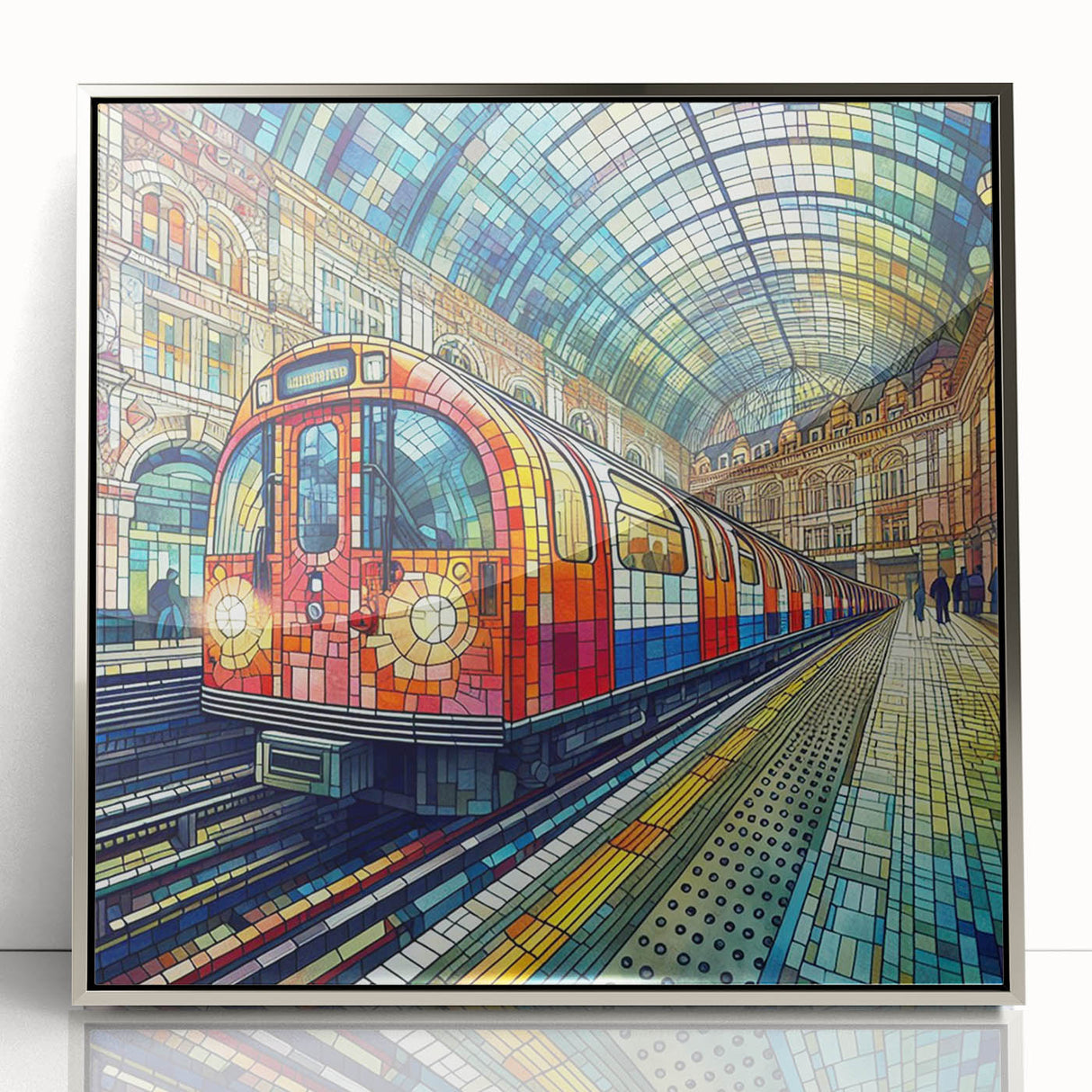 Large art print of London scenery in muted gray tones, framed in silver acrylic, suitable for modern art wall decor.