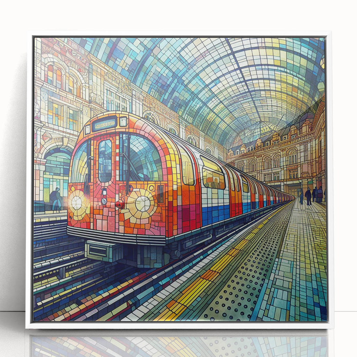 Mid-century modernist art of London skyline in muted gray tones on framed acrylic, ideal for modern art wall decor.