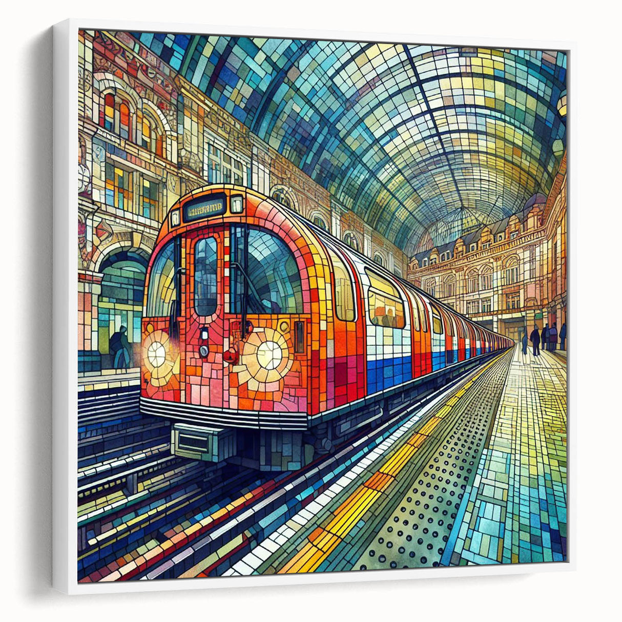 Extra large framed canvas featuring a vintage poster art of London scenery in colorful hues, ideal for living room decor.