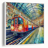 Extra large framed canvas featuring a vintage poster art of London scenery in colorful hues, ideal for living room decor.