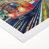 Art deco poster of London skyline in monochrome tones on rolled canvas, suitable for dining room wall art.