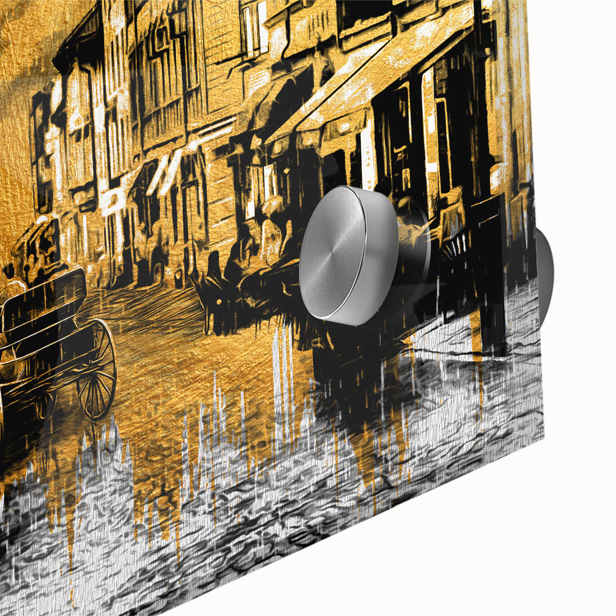 Large abstract depiction of Paris skyline in muted gray on acrylic glass, suitable for dining room art.