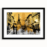 Extra large framed abstract print of a colorful Parisian street scene in vibrant hues, ideal for living room decor.