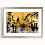 Extra large abstract art print of Paris scenery in textured style, framed with a silver mat, ideal for living room decor.
