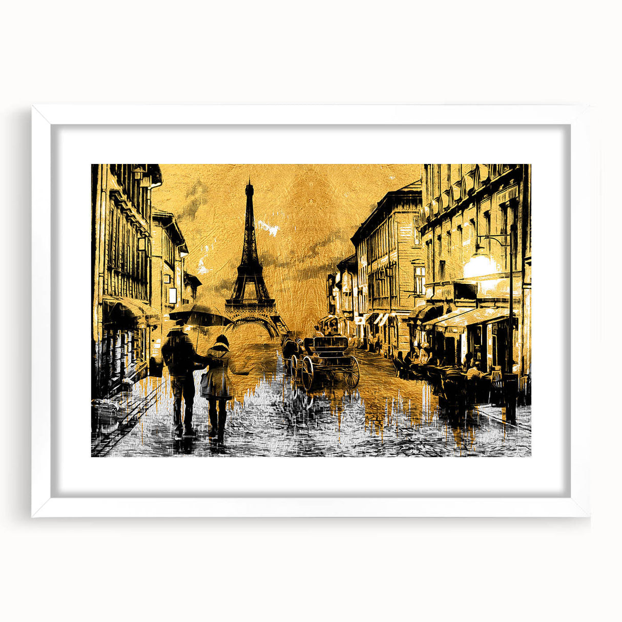 Textured art of abstract Paris skyline in muted gray and blue tones on a framed white mat, suitable for bedroom decor.