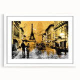 Textured art of abstract Paris skyline in muted gray and blue tones on a framed white mat, suitable for bedroom decor.
