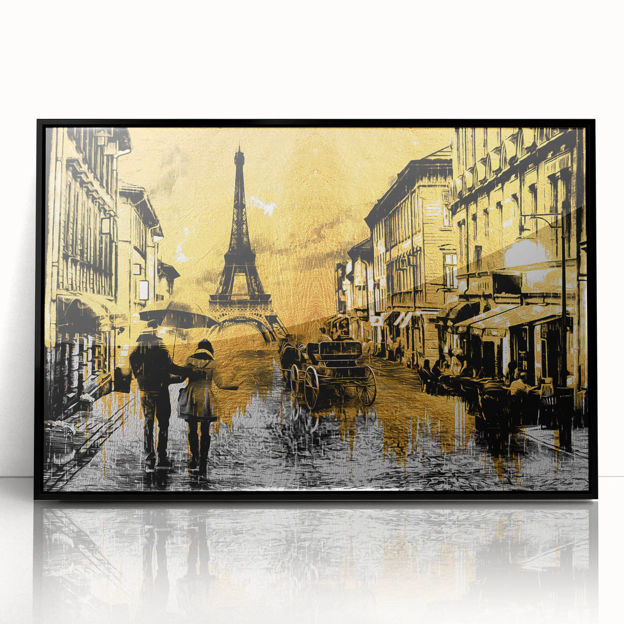 Large abstract wall art of Paris scenery in muted gray, framed in black acrylic, ideal for modern living room decor.