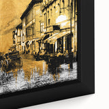 Extra large framed canvas of a textured Paris street scene in black with colorful accents, ideal for living room decor.