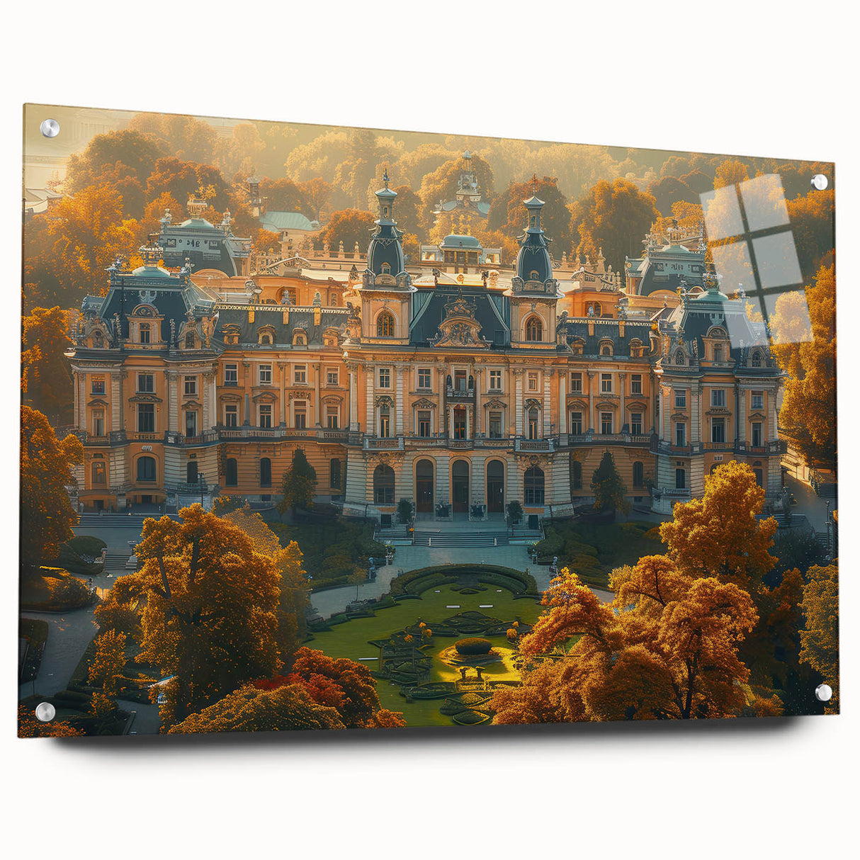 Acrylic print of a European Latvian landscape, with muted green and blue tones, ideal for dining room decor.