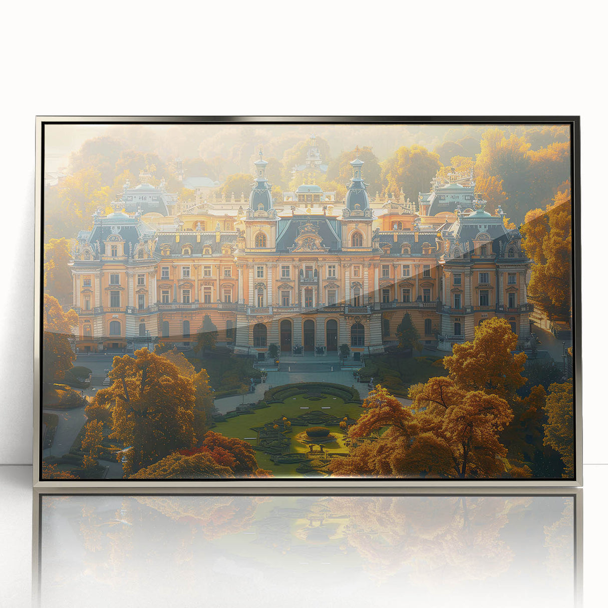 Large art print of a Latvian landscape in muted green and blue tones, framed in silver acrylic.