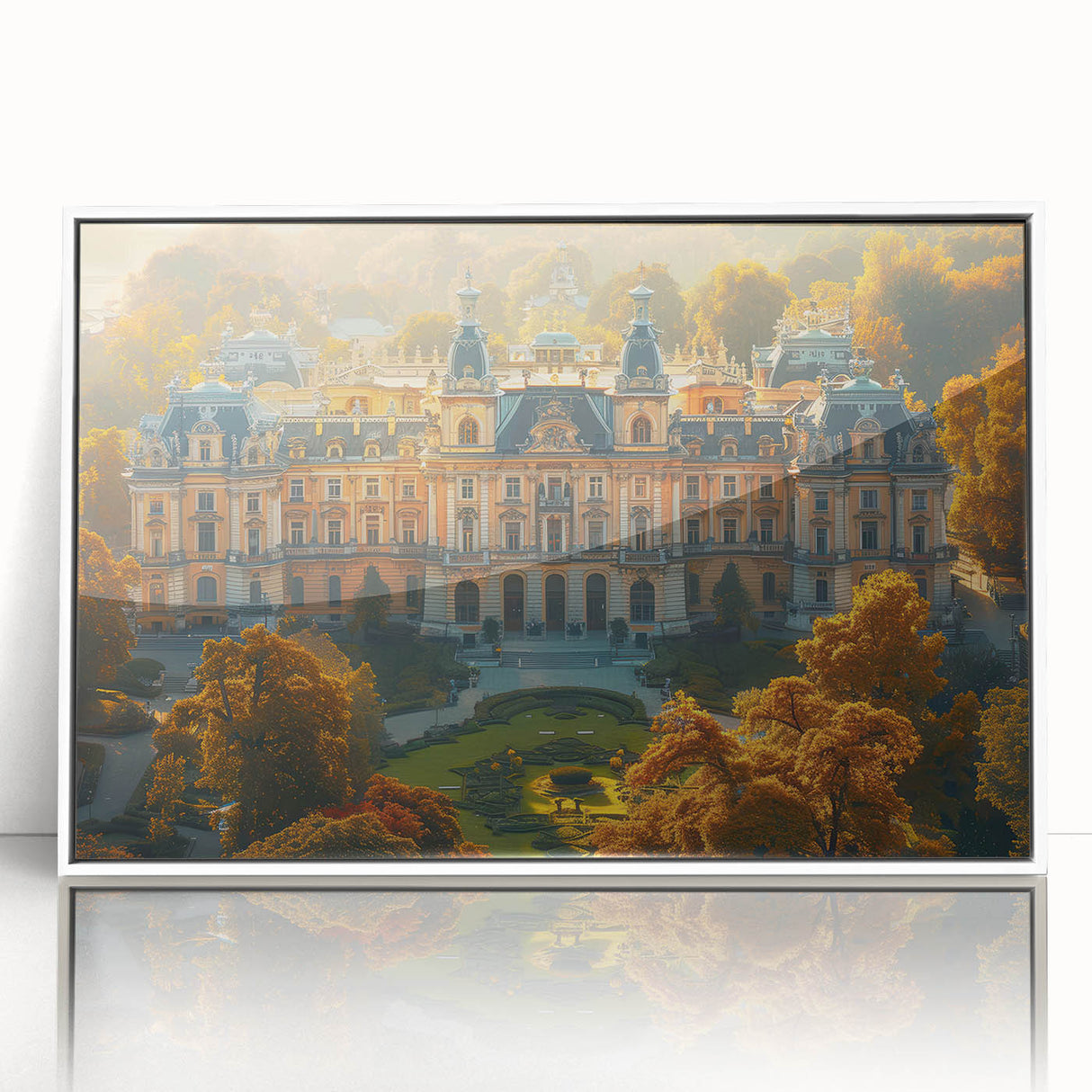Mid-century modernist art depicting a serene Latvian landscape in muted green and blue tones.