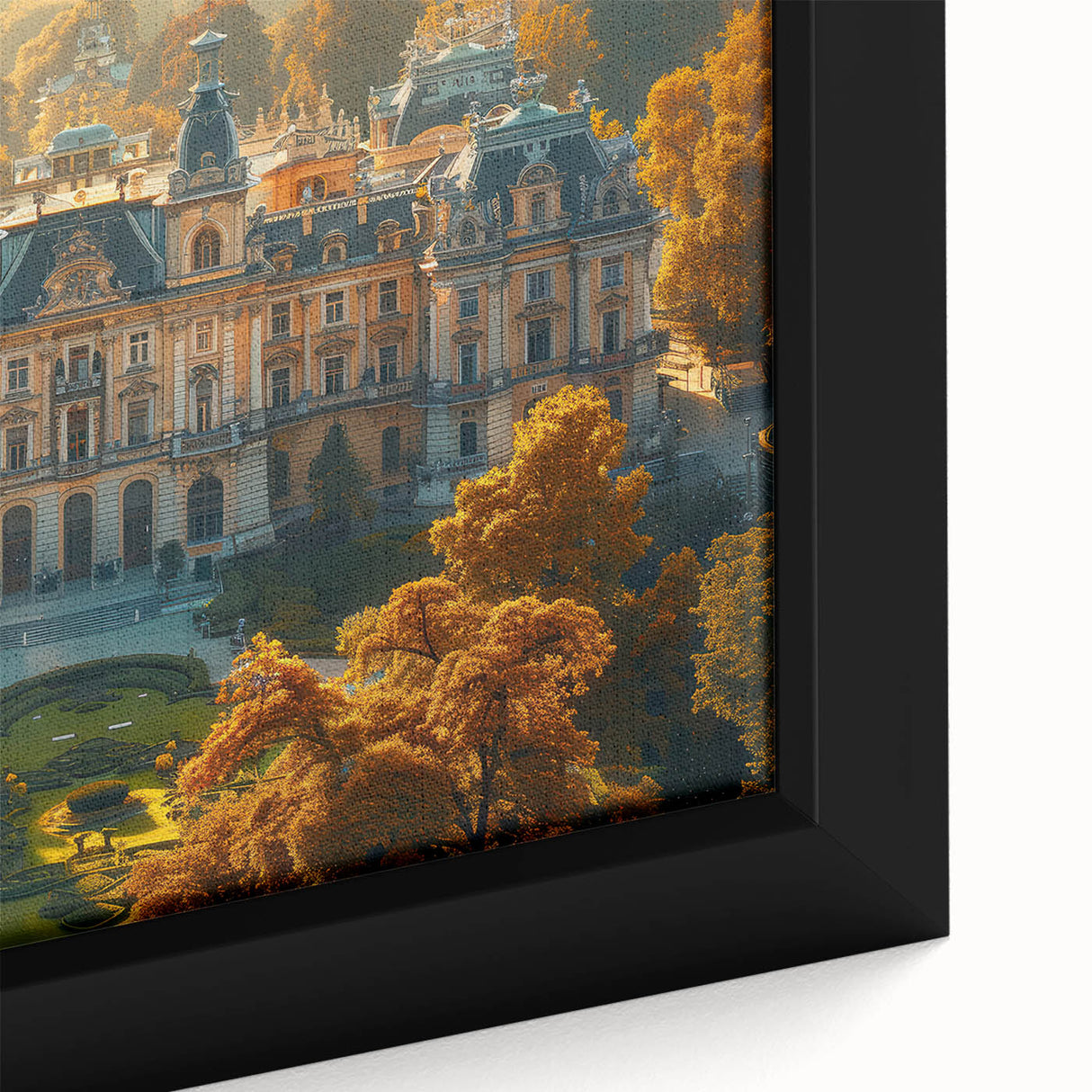 Extra large framed canvas featuring a textured depiction of a European scenery in black with colorful accents.