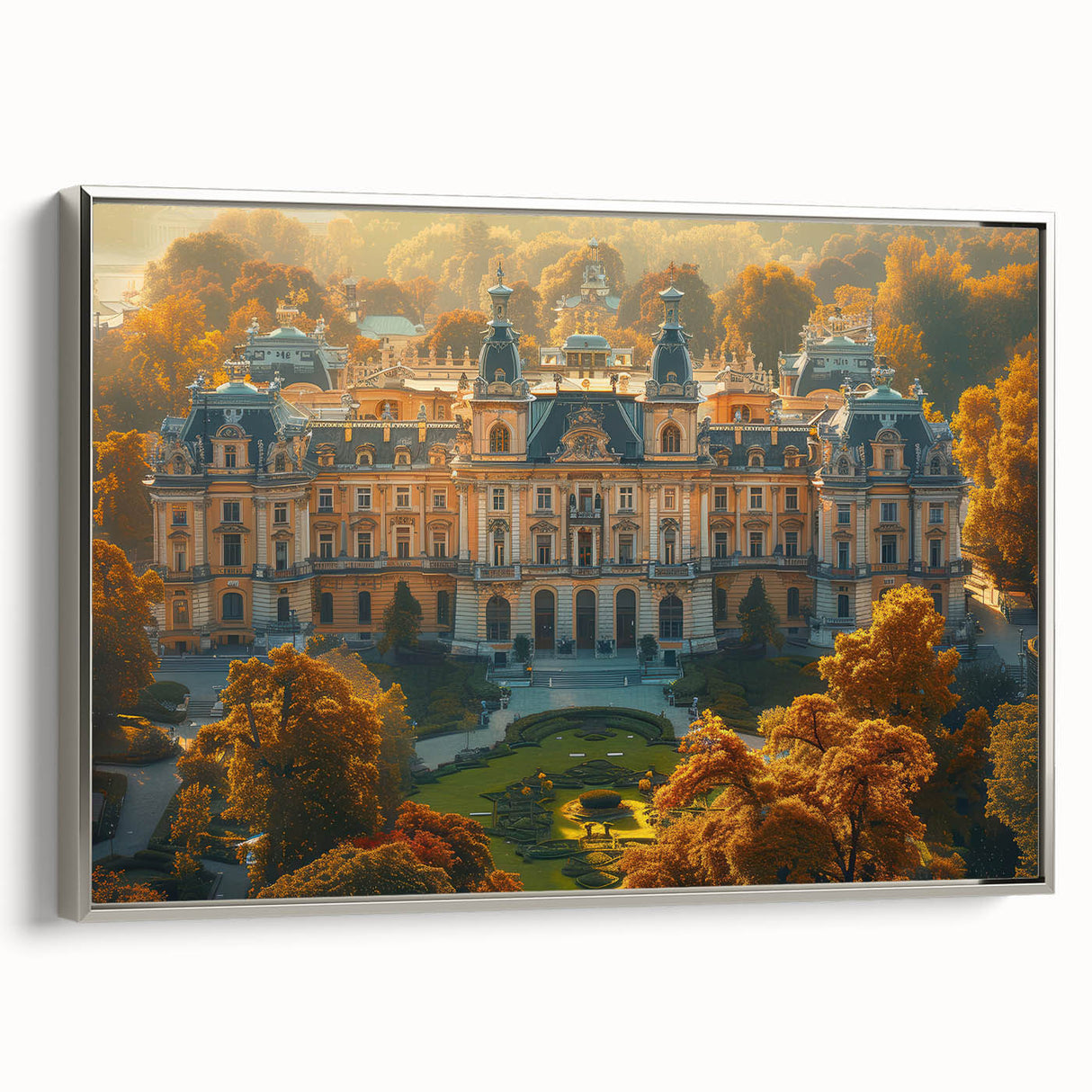 Framed canvas featuring a vintage-style landscape painting of a Latvian scenery in vibrant colors.