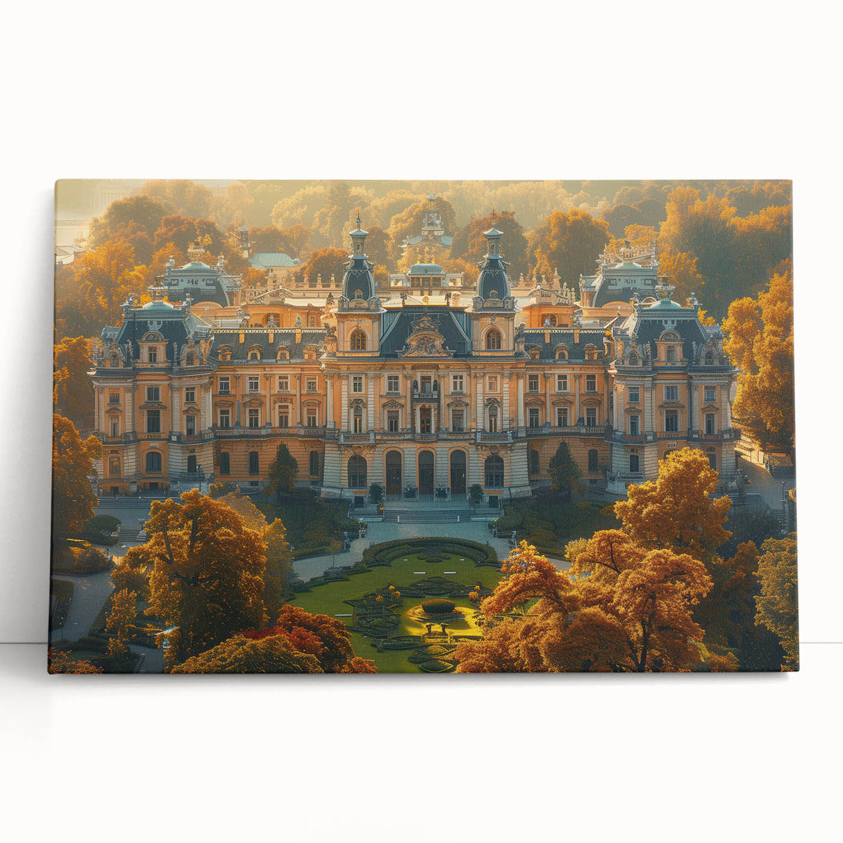 Black and white photo of a European street scene on a large stretched canvas, ideal for kitchen wall art.