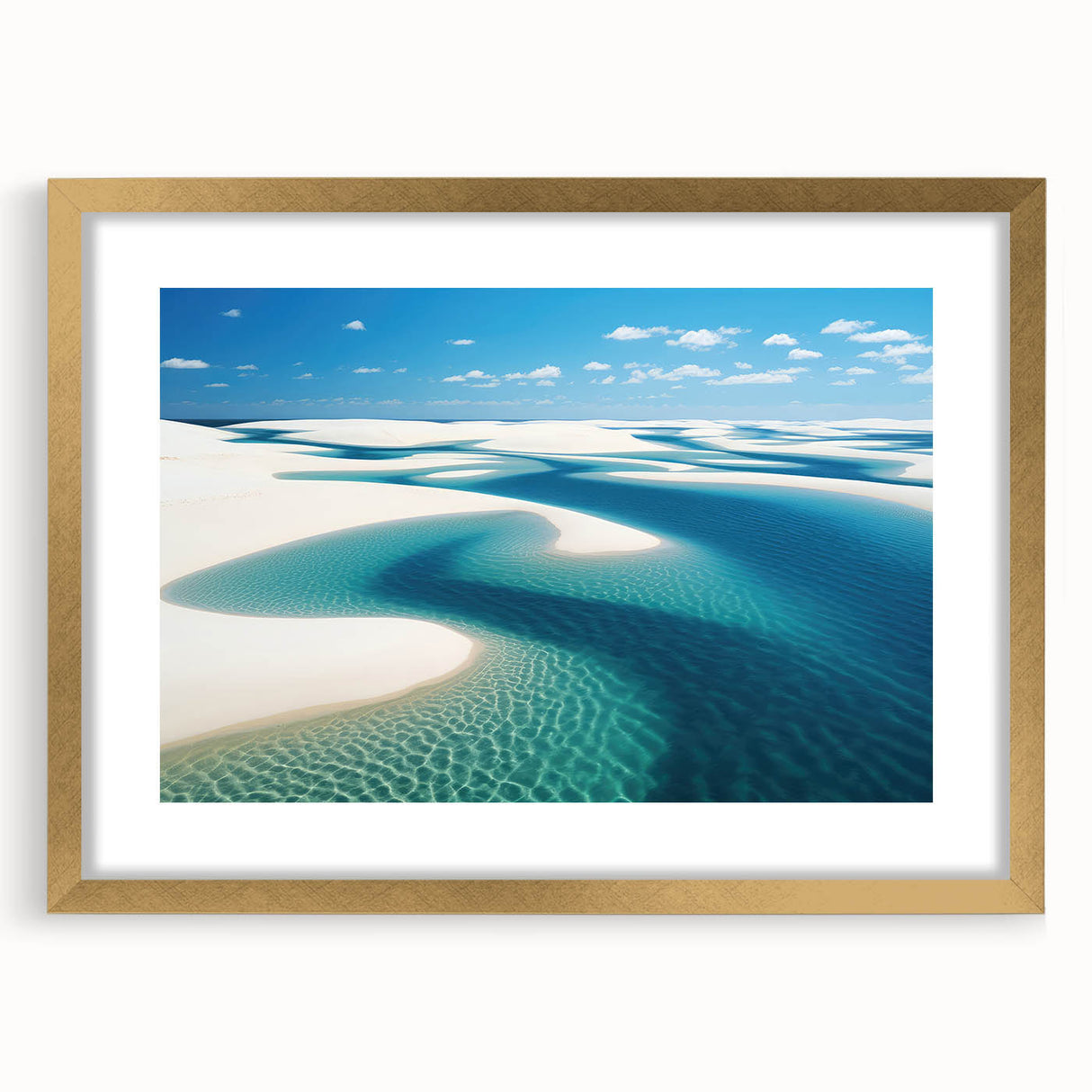 Extra large abstract art print depicting a textured Brazilian landscape in earthy tones, framed in gold.