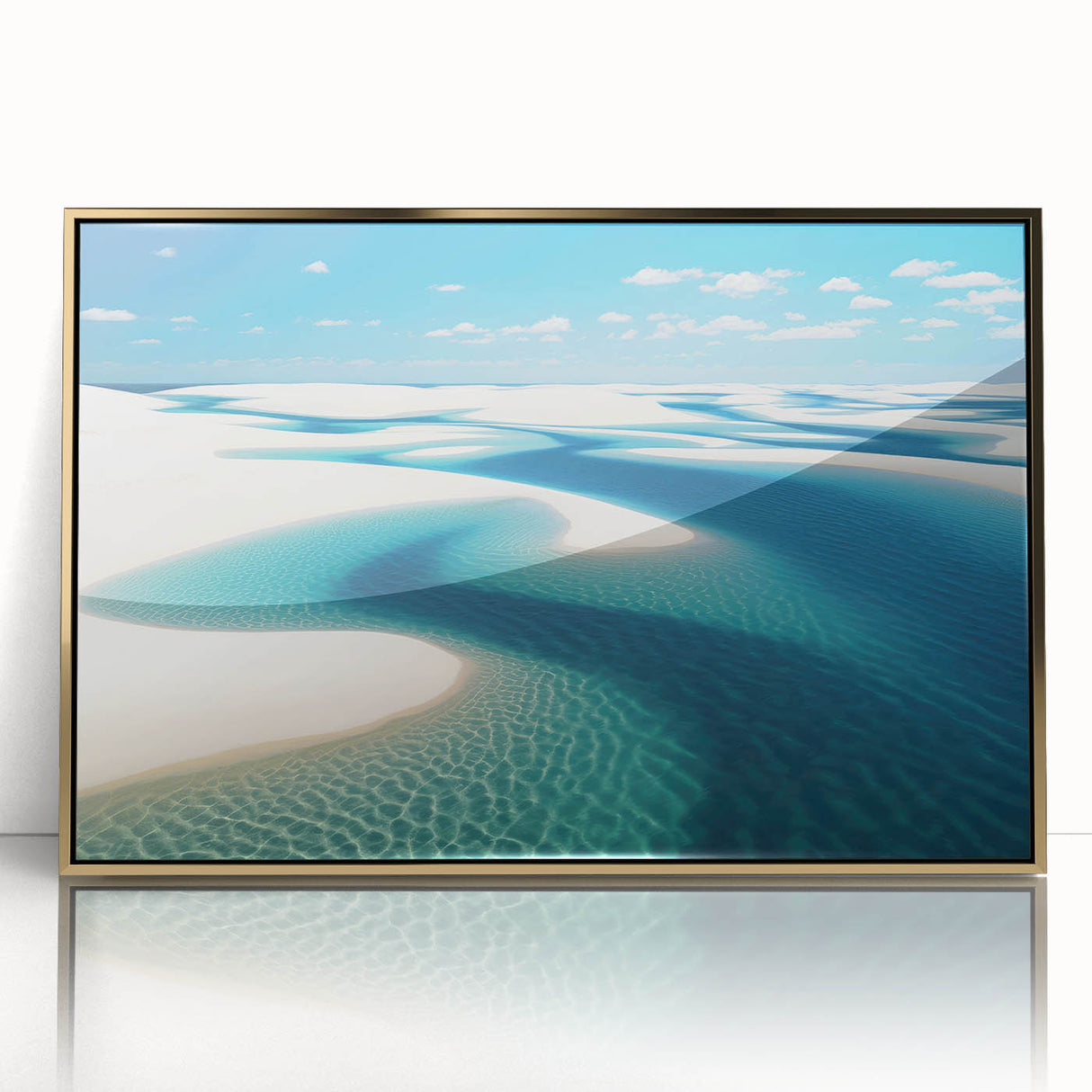 Large art print of a Brazilian landscape in mid-century modernist style, acrylic framed in gold.