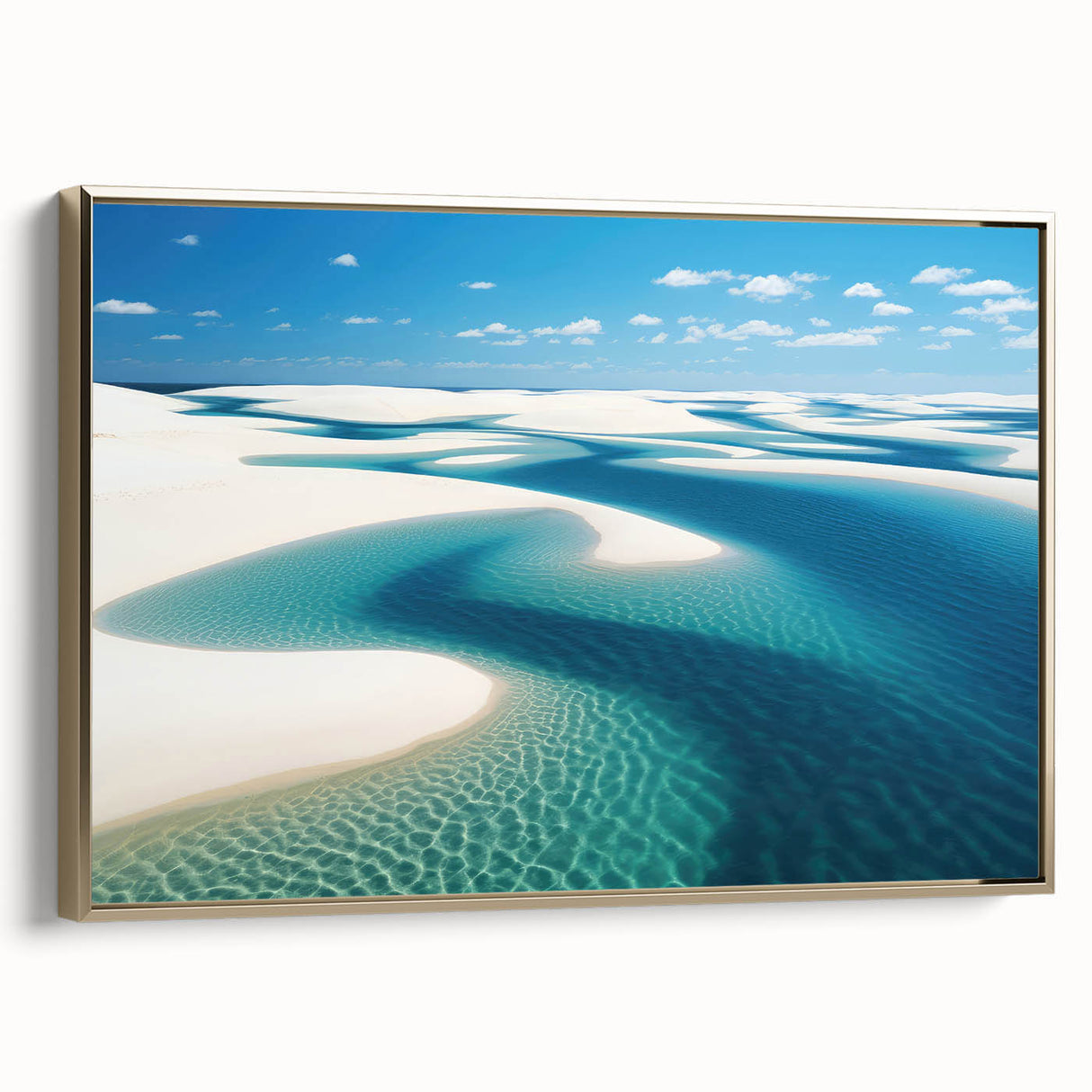 Framed canvas featuring a vintage-style landscape painting of a Brazilian scenery in muted gold and black tones.