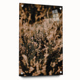 Large abstract wall art depicting autumnal trees in orange and red tones, printed on acrylic glass.