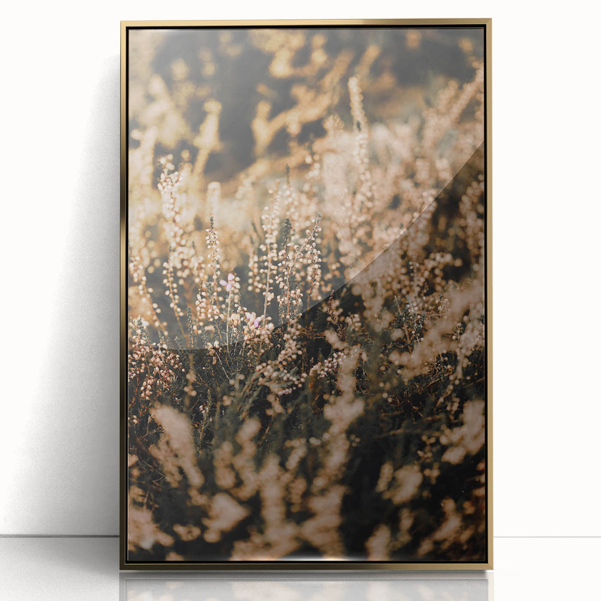 Large framed acrylic print of a mid-century modernist fall scene with warm gold and orange tones.